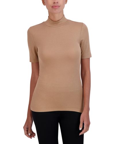 BCBGMAXAZRIA Slim Fit Top 3/4 Sleeve Mock Neck Shirt - Natural