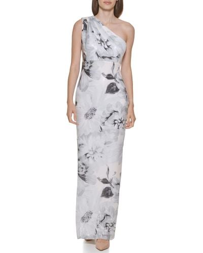 Calvin Klein One Shoulder Gown With Shirred Bodice - Metallic