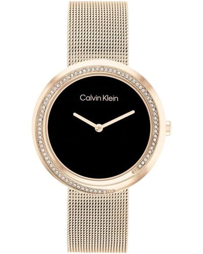 Calvin Klein Quartz Ionic Plated Carnation Gold Steel Case And Mesh Bracelet Watch - Black