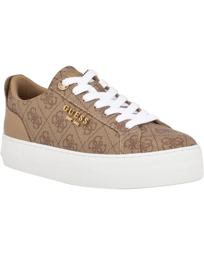 Guess Genza Platform Lace Up Round Toe Trainers - Brown