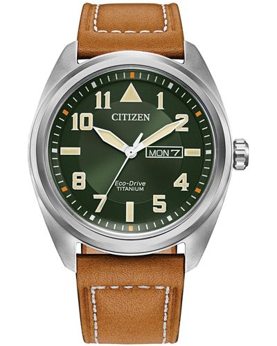 Citizen Eco-drive Weekender Garrison Field Watch In Super Titanium With Brown Leather Strap - Green