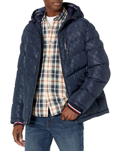 Tommy Hilfiger Mens Midweight Chevron Quilted Performance Hooded Puffer Jacket Coat - Blue