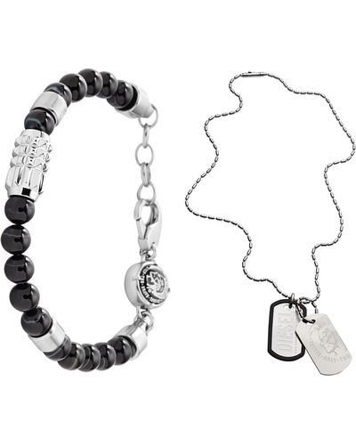 DIESEL All-gender Stainless Steel And Beaded Bracelet + Stainless Steel Dog Tag Pendant Necklace - Metallic
