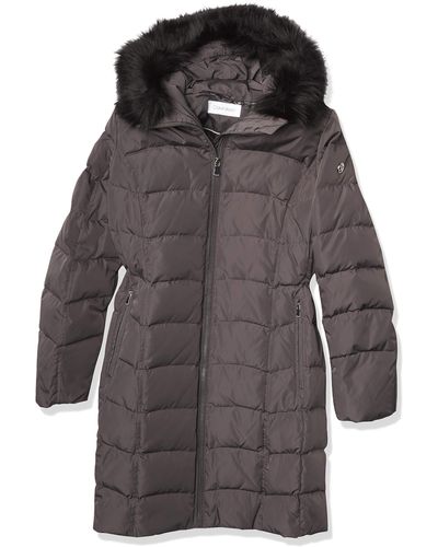 Calvin Klein Womens Quilted Faux Fur Trim Hooded Puffer Coat - Gray