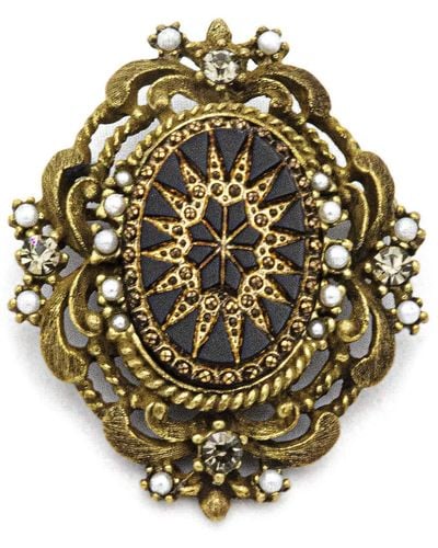 Ben-Amun Ancient Brass Made In New York Brooch Pearly Statement Victorian Vintage Antique Dangle Pin Badge - Metallic