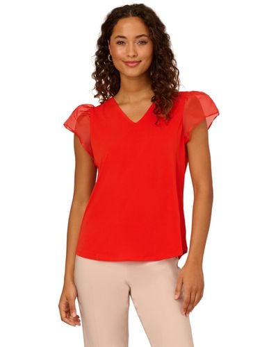 Adrianna Papell V-neck Knit Top With Organza Flutter Sleeves - Red