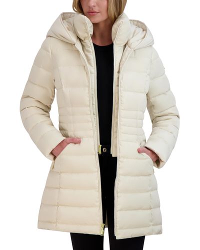 Laundry by Shelli Segal 3/4 Puffer Jacket With Hood And Velvet Trim - Natural