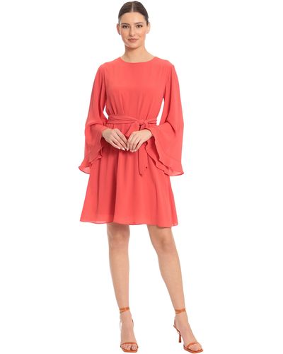 Maggy London Long Bell Sleeve Dress With Waist Tie - Red