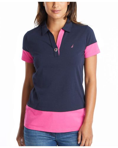 Nautica Womens Toggle Accent Short Sleeve Soft Stretch Cotton Polo Shirt - Blue