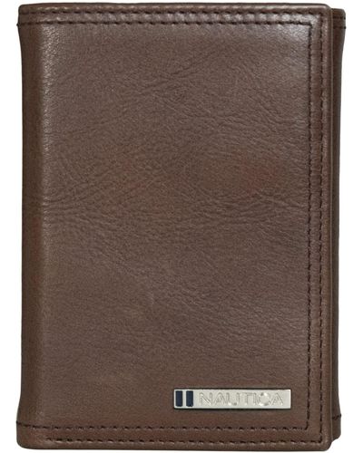 Nautica Enameled Logo Tumbled Leather Trifold Wallet With Rfid Protection-brown