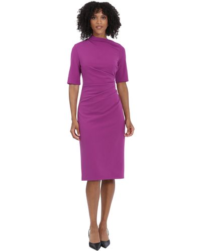 Maggy London Side Pleat Dress With Asymmetric Neck And Elbow Sleeves - Purple