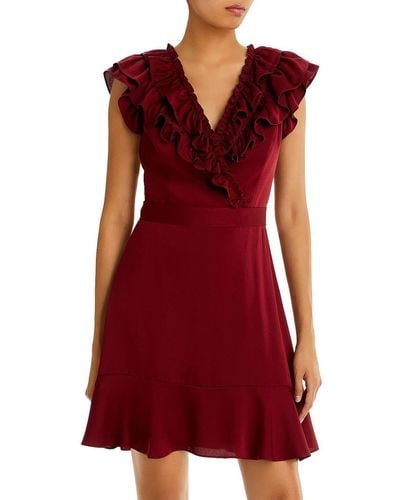 BCBGMAXAZRIA Short Fit And Flare Faux Wrap Evening Dress Cap Sleeve V Neck Ruffle Tie Waist - Red