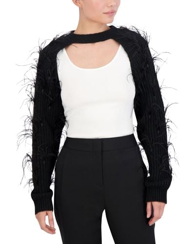 BCBGMAXAZRIA Long Sleeve Crew Neck Pullover Feather Shrug Sweater Top - Black