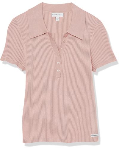 Calvin Klein Regular Ribbed Cap Sleeve Polo Shirt - Pink