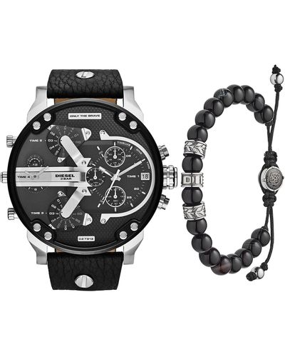 DIESEL Mr. Daddy 2.0 Stainless Steel Chronograph Quartz Watch + Beaded Bracelet - Black