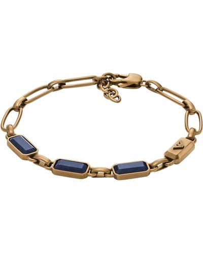 Emporio Armani Blue Stone With Ip Antique Gold-plating Chain Bracelet - Metallic
