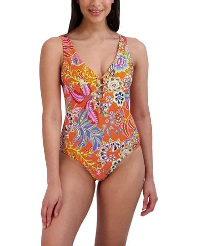 BCBGMAXAZRIA Standard One Piece Swimsuit Lace Up Grommet Tummy Control Quick Dry Bathing Suit - Orange