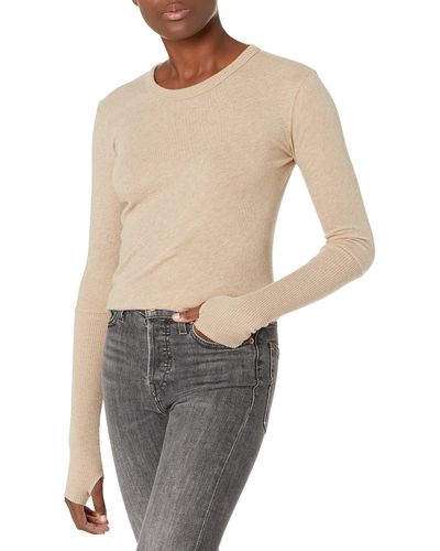 Enza Costa Womens Cashmere Blend Cuffed Crew Top With Thumbhole Shirt - Natural