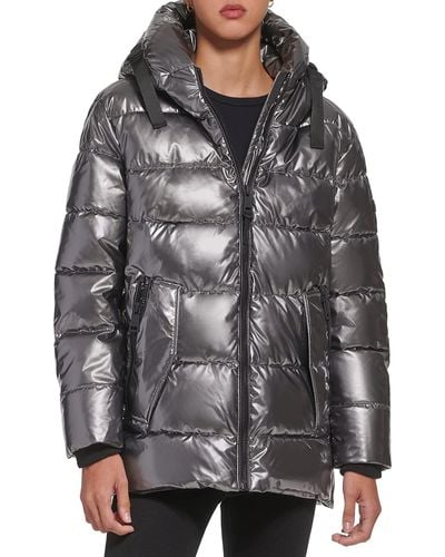 DKNY Snap-side Glossy Puffer Outerwear Jacket - Gray