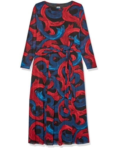 Anne Klein Plus Size Mesh Tie Waist Midi Dress - Red