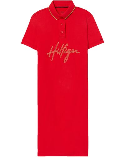 Tommy Hilfiger Adaptive Gold Appliqué Signature Polo Dress With Magnetic Closure - Red