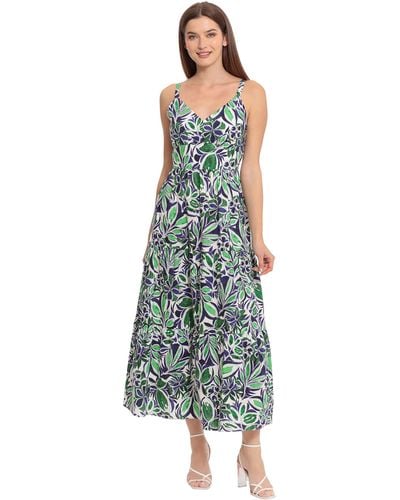 Maggy London V-neck Cotton Tiered Maxi Vacation Resort Event Guest Of - Green