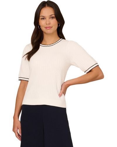 Adrianna Papell Crew Neck Cable Scalloped Edge Tipped Short Sleeve Sweater - White
