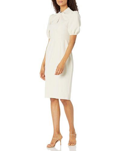 Donna Morgan Short Puff Sleeve Twist Neck Sheath Dress With Keyhole - White