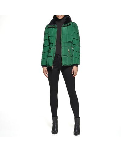 Guess Puffer Faux Fur Collar Quilted Coat - Green
