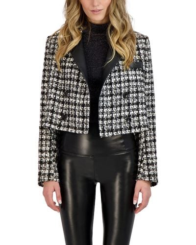 BCBGeneration Relaxed Double Breasted Blazer Long Sleeve Notch Lapel Button Pocket Faux Leather Trim Mixed Media Jacket - Black