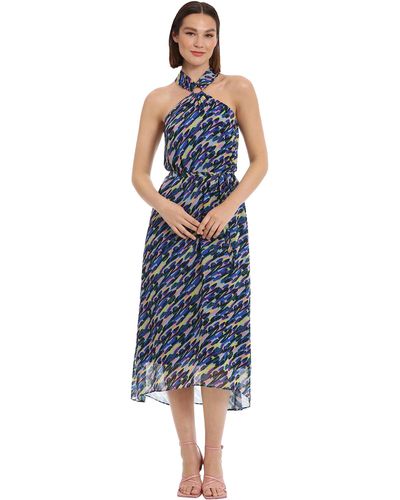 Donna Morgan Halter Neck With Ring Trim And High Low Midi Skirt Event Party Date Shower Guest Of Wedding - Blue