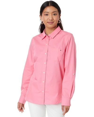 Tommy Hilfiger Button Down Long Sleeve Collared Shirt With Chest Pocket - Pink