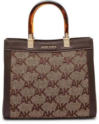 Anne Klein Embroidered Ak Herringbone Convertible Satchel - Brown