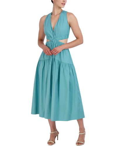 BCBGMAXAZRIA V Neck Sleeveless Elastic Cut Out Waist Maxi Dress - Blue