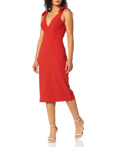 Dress the Population Womens Lita Sleeveless Plunging Midi Sheath W Bows Dress - Red