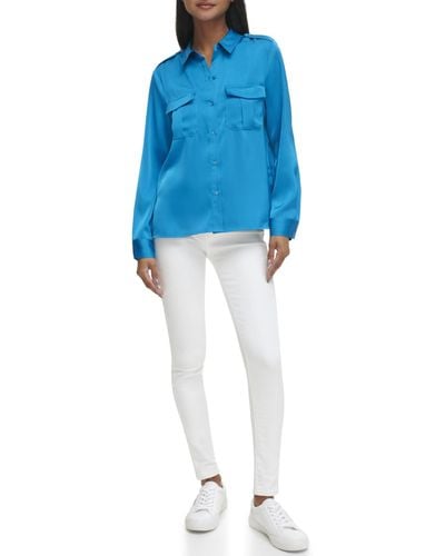 Calvin Klein Button Up Long Sleeve Blouse Top - Blue