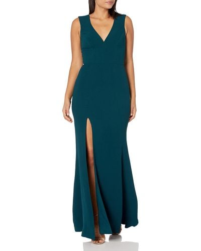 Dress the Population Sandra Plunging Thick Strap Solid Gown With Slit Dress Dress - Blue