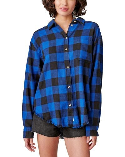 Lucky Brand Plaid Oversized Distressed Shirt - Blue