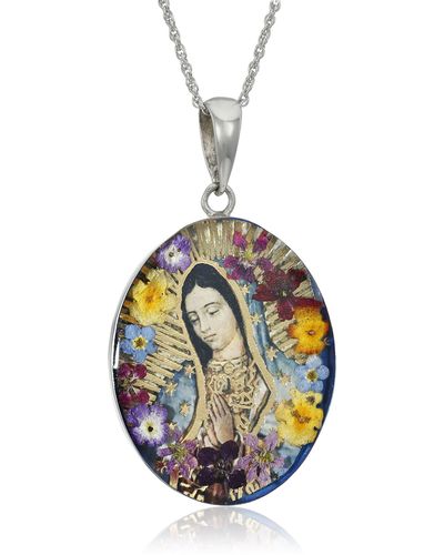 Amazon Essentials Sterling Silver Virgin Mary Of Guadalupe Pressed Flower Pendant Necklace - White
