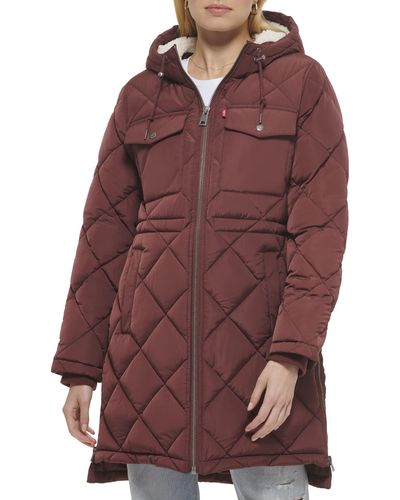 Levi's Soft Sherpa Lined Diamond Quilted Long Parka Jacket - Red