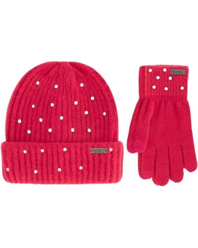 Nicole Miller Rhinestone Winter Beanie Hats Soft & Warm Gloves Set - Pink