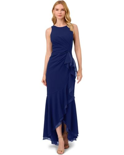 Adrianna Papell Ruffle Crepe Halter Gown - Blue