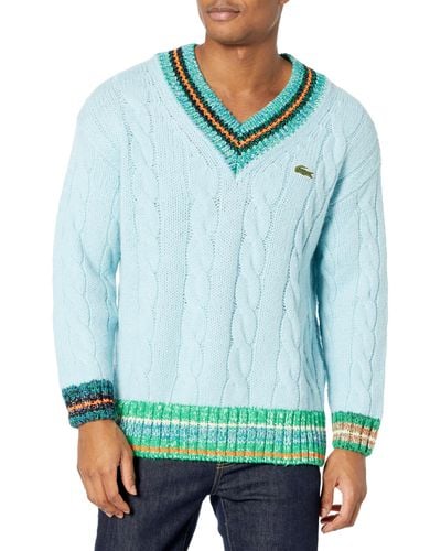 Lacoste Long Sleeve V-neck Colorblock Cableknit Sweater - Blue