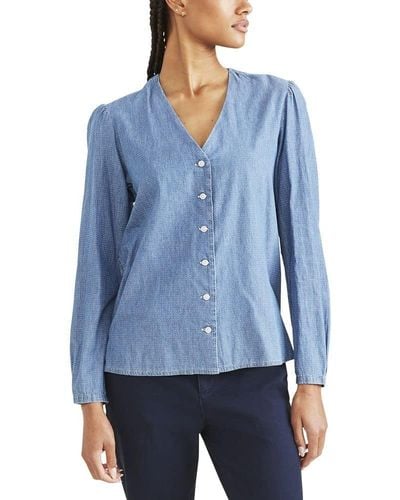 Dockers Classic Fit Long Sleeve V-neck Shirt, - Blue