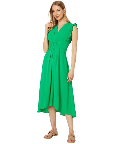 Maggy London V-neck Hi-lo Midi Dress With Gathered Waist And Sleeveless Ruffle Details - Green