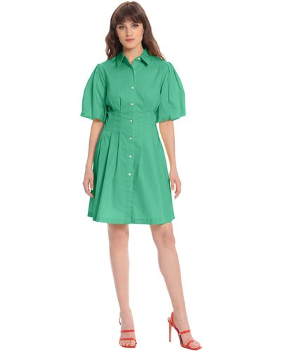 Donna Morgan Button Up Shirt Dress With Puff Sleeves And Collar - Green