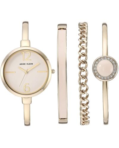 Anne Klein Ak/3290lpst Gold-tone Bangle Watch And Premium Crystal Accented Bracelet Set - Metallic