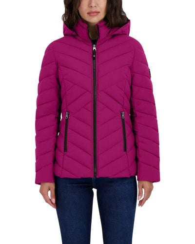 Nautica Short Stretch Lightweight Puffer Jacket With Removeable Hood - Red