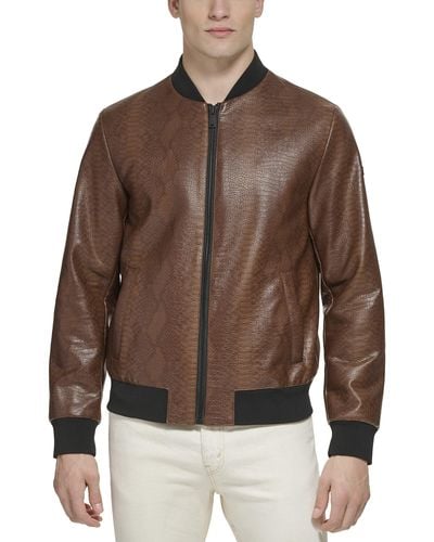 DKNY Faux Leather Varsity Bomber Jacket - Brown