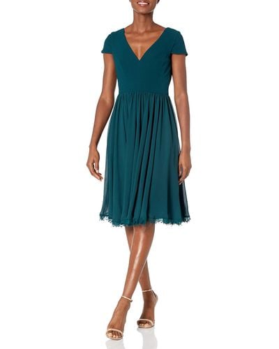 Dress the Population S Corey Cap Sleeve Plunge Neck Fit And Flare Knee Length Dress - Green